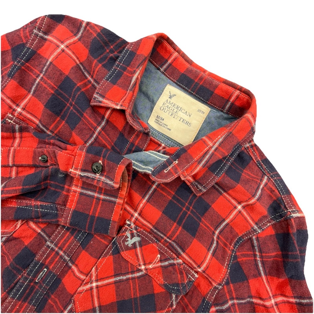 American Eagle Heritage Blue Red White Plaid Flannel Button‎ Up Mens Size Medium